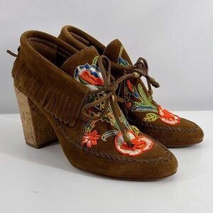 Tory Burch Huntington Brown Suede Embroidered Beaded Fringe Moccasin Booties 7